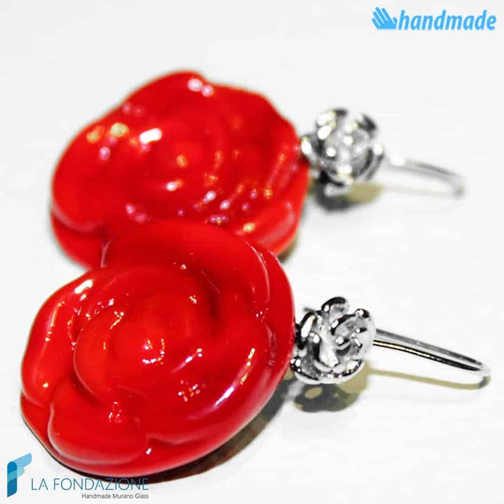 Brincos pingente de vidro Murano rosa vermelha por atacado de La Fondazione - Handmade Murano Glass