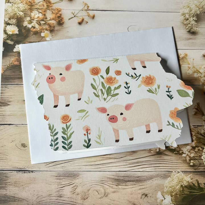Iowa Paper Farm – wholesale Season’s Greetings card – Iowa with pigs and flowers greeting card - single1