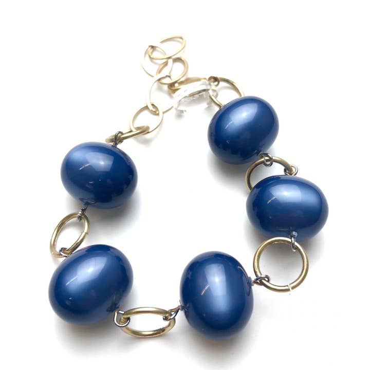 Sapphire Blue Moonglow & Gold Bubble Stations Bracelet for wholesale by Leetie Lovendale