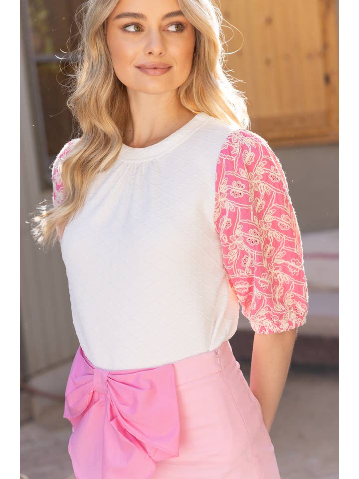 VOY - Wholesale Blouse - Women's - 35237 Floral Embroidered Sleeve Textured Knit Top