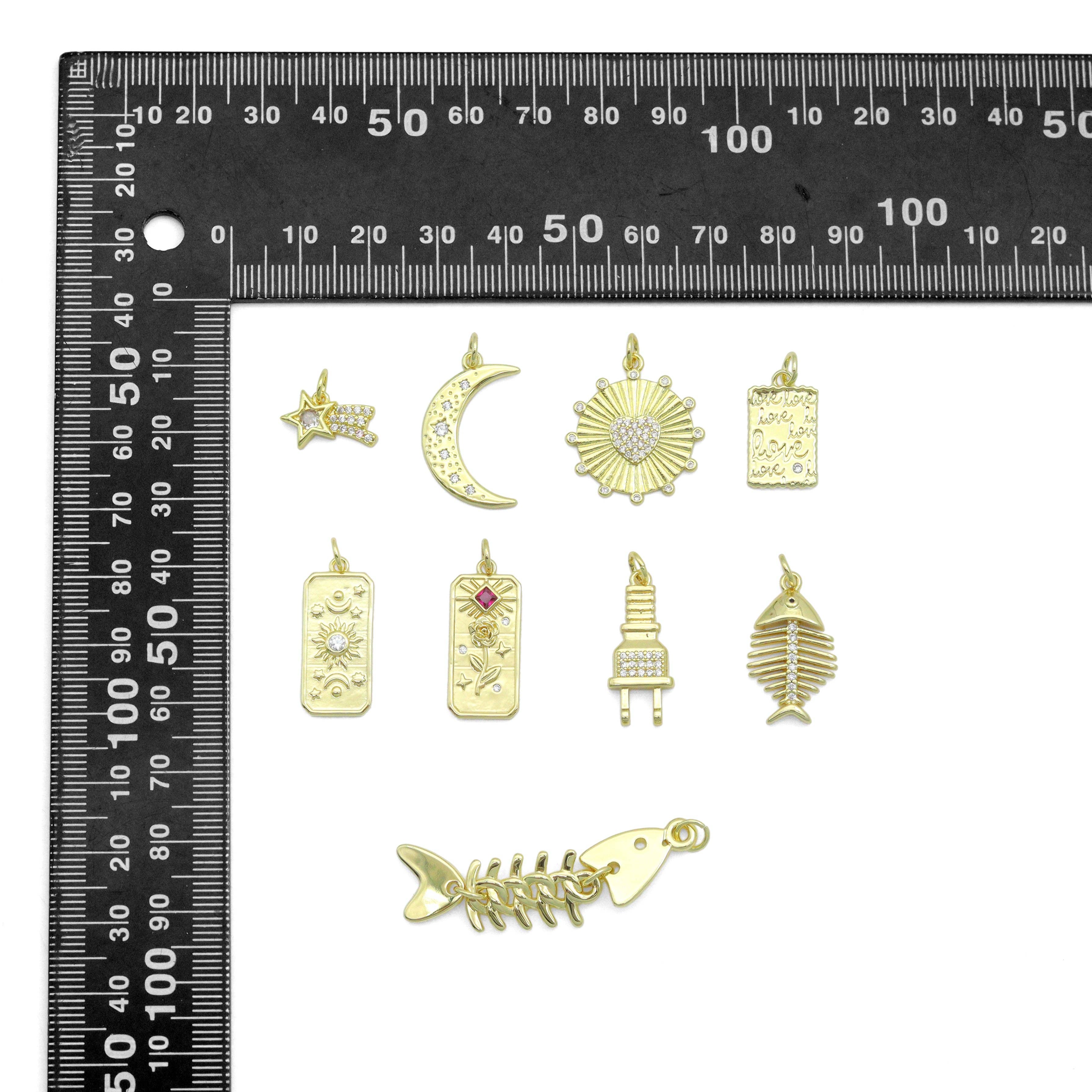 BestBeads&Beyond – wholesale Individual charm/pendant – Clear CZ Gold Star Cresent Moon love plug fishbone rectangle Pendant, Sku#Y10511