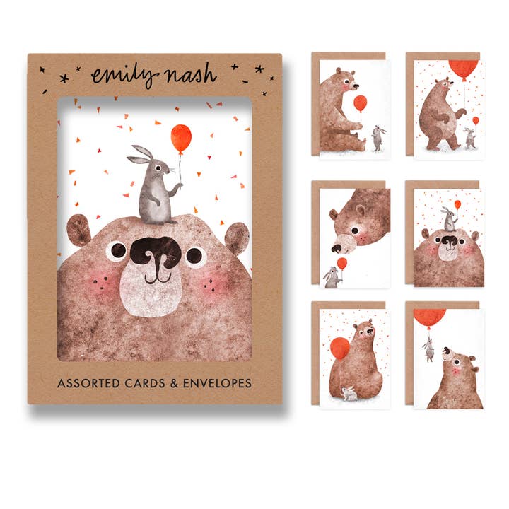 Multipack Ours & Lapin x 6 Cartes | Lot de Cartes d'Anniversaire pour la vente par Emily Nash Illustration Greeting Cards