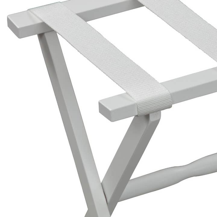 HomeRoots - Wholesale Bedroom Furniture - Hotel White Finish Wood Folding Luggage Rack w/ White Straps1