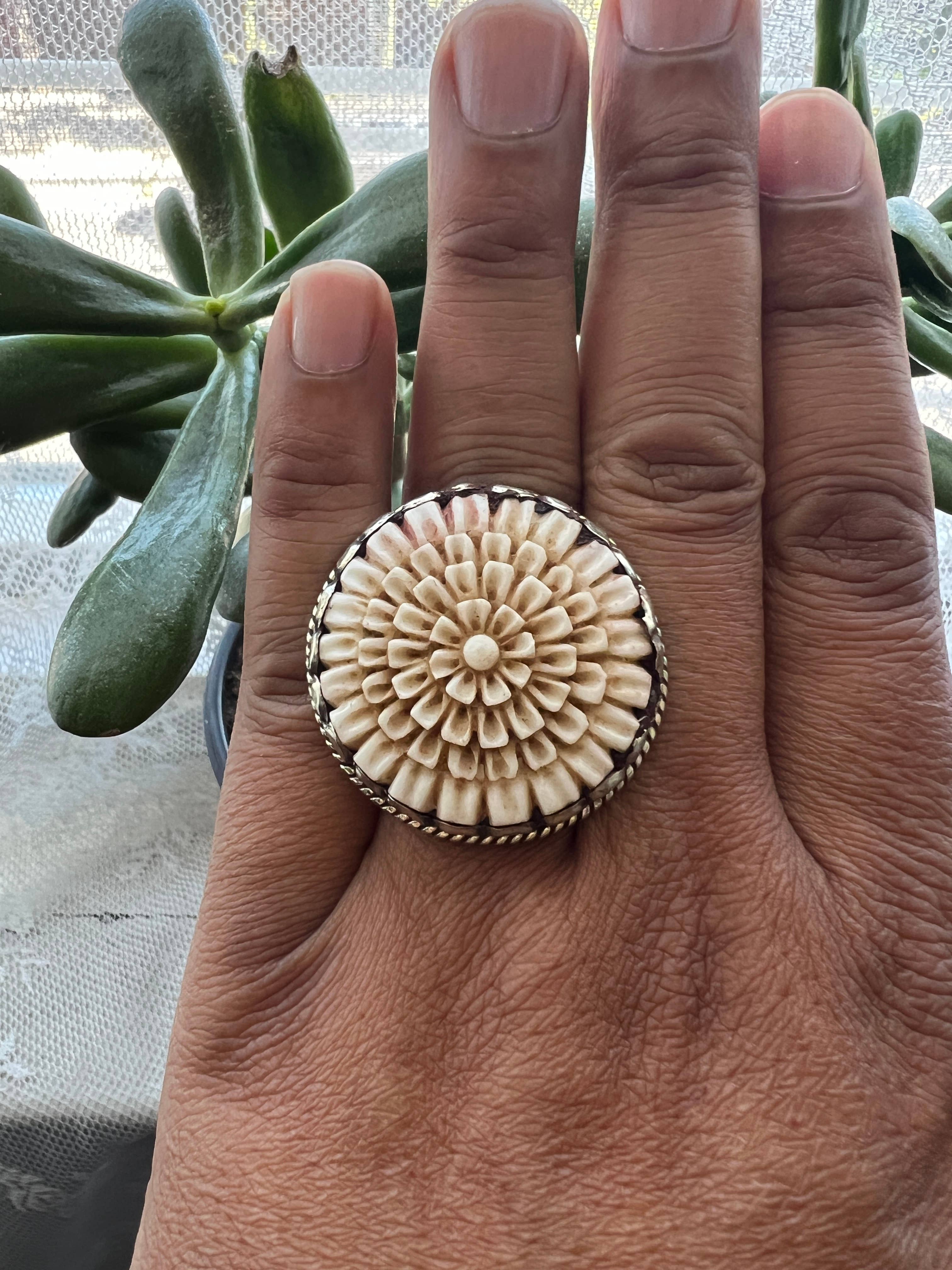 GTG Gems Corp - Wholesale Cocktail/Statement Ring - Bone carved Floral design adjustable ring3