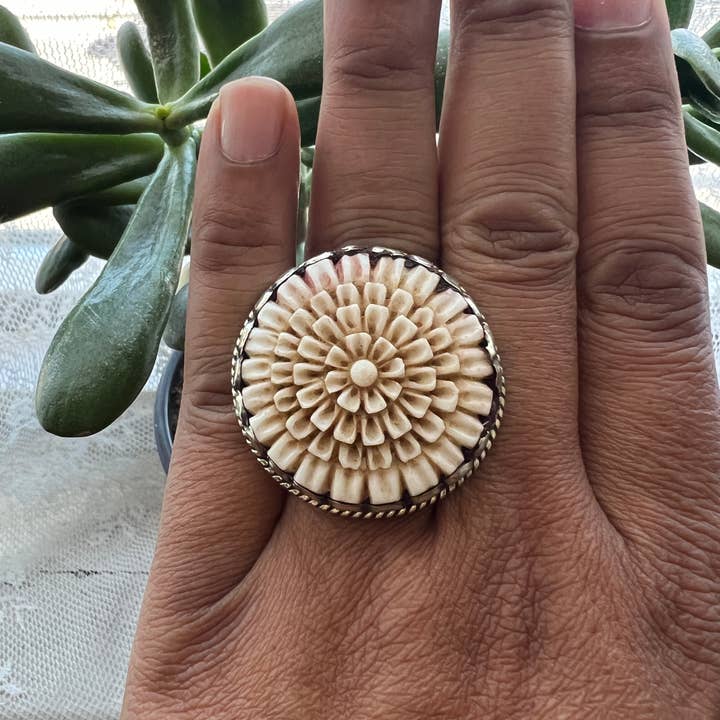 GTG Gems Corp - Wholesale Cocktail/Statement Ring - Bone carved Floral design adjustable ring3