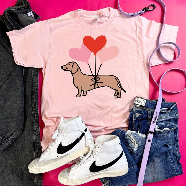 Dachshund Heart Balloons Tee | Valentine Shirt | DP1011 TEE for wholesale by The Dapper Paw