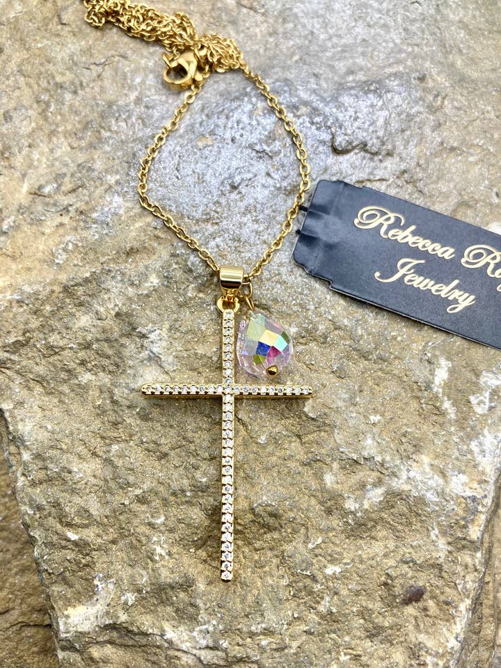 Gold Crystal Cross Charm Necklace for wholesale by Rebecca Ray Jewelry