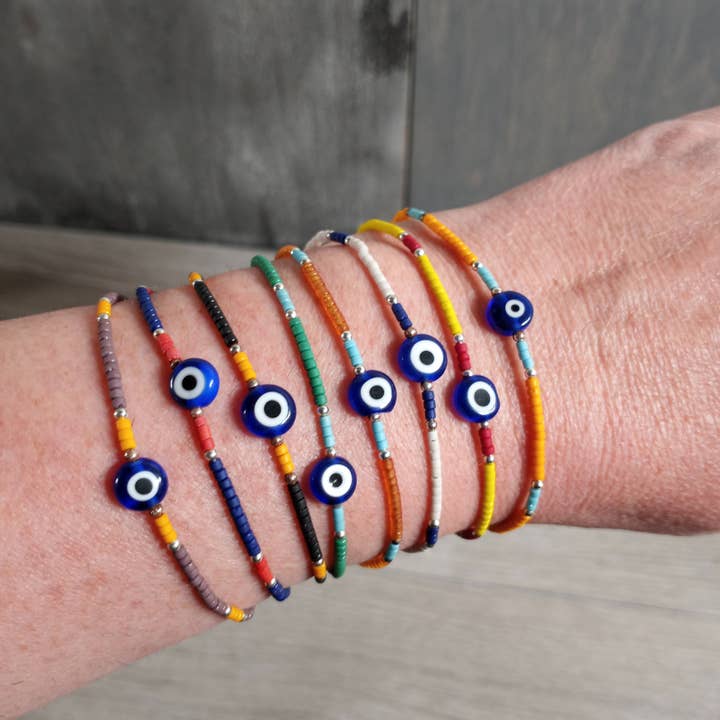Wooden Bracelet Beaded with Lobster Claw Evil Eye for wholesale by Keystone Crystals
