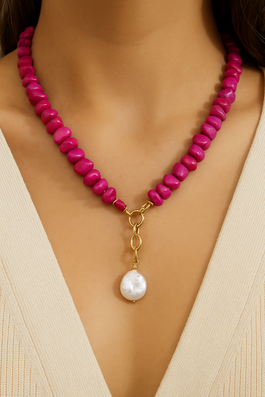 The Bling Barn - Wholesale Beaded/Pearl Necklace - Cienta Chipped Stone Necklace with Pearl FUCHSIA3