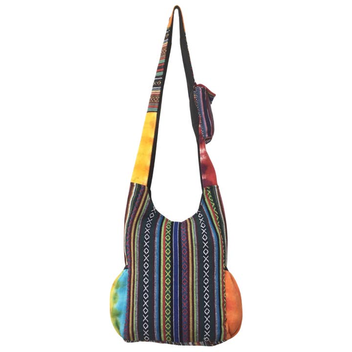Multi Colored Trippy Mushrooms Embroidery Hemp and Cotton Tie Dye Hobo Bag for wholesale on Faire2