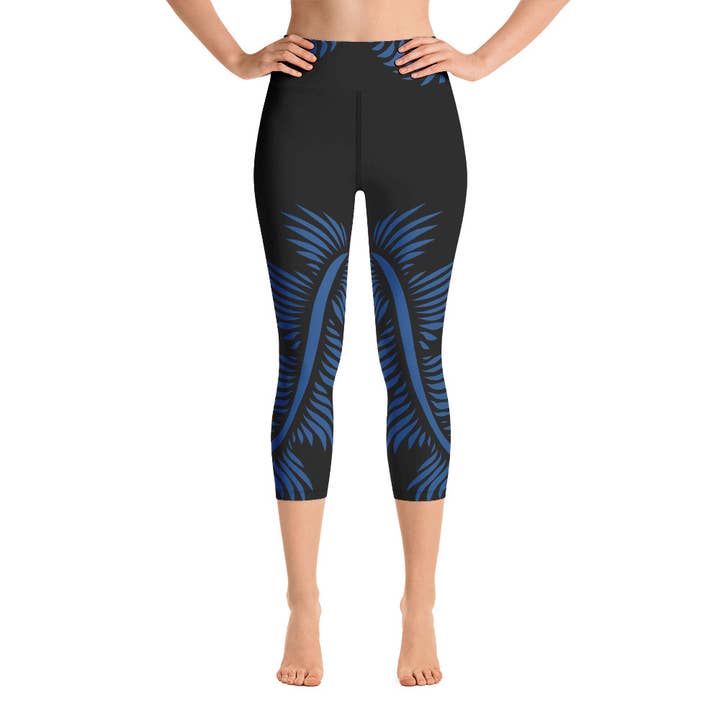 Capri Sports leggings by Lines 4 Peace Black &Cobalt Blue for wholesale by Natascha van Es Fingerprint Art