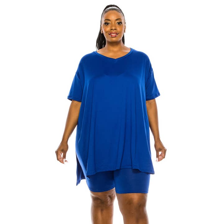 To Star - Wholesale Lounge Set - Women's - PLUS Oversized Side Split V-Neck Short Set