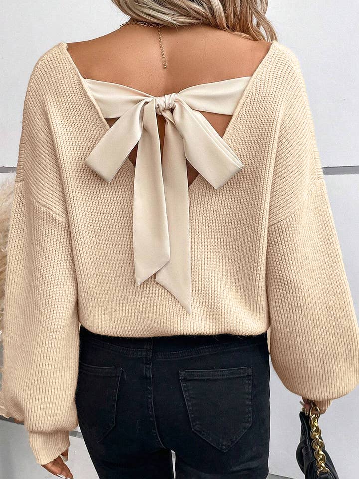 Lantern Sleeve V Neck Knot Back Sweater for wholesale by Umorger