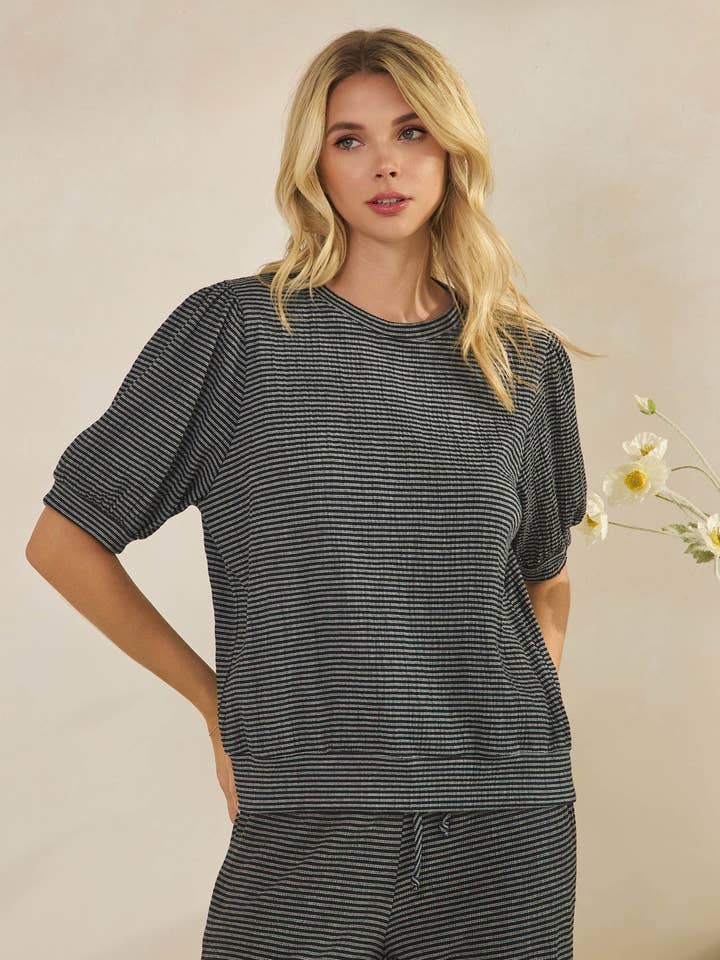 T-42040 -STRIPE CRINKLE ROUND NECK PUFFY SLEEVE CROP TOP T for wholesale by Tres Bien, Inc