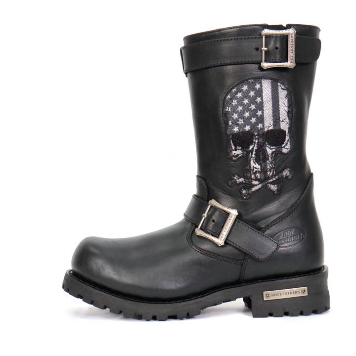 Hot Leathers BTM1018 Men’s Black Tall Harness Flag Skull Boot with Round Toe for wholesale by Hot Leathers