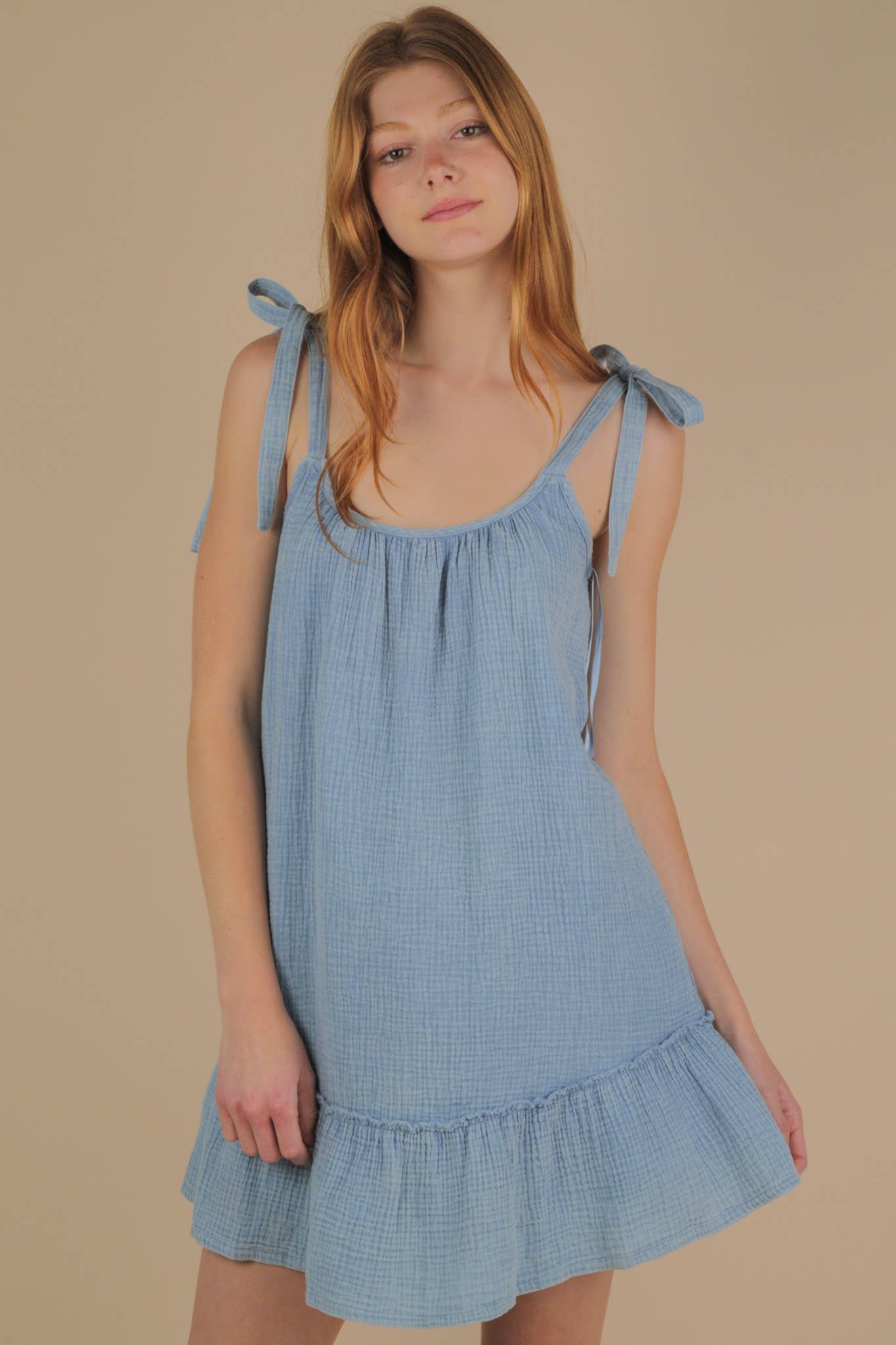 VERY J - Wholesale Dress - Women's - ND31743-Mineral Washed Shoulder Tie Mini Dress0