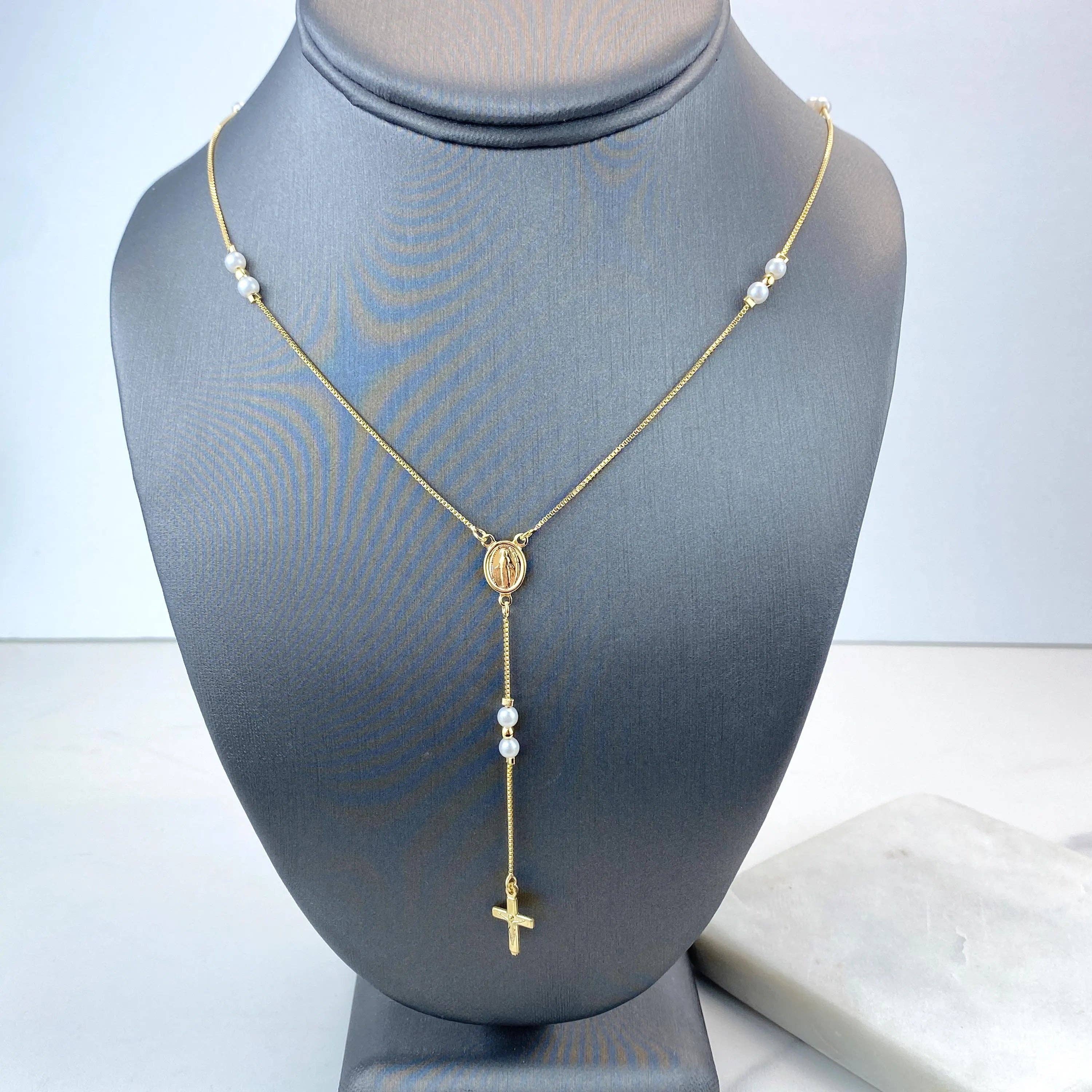 Luxus Accessories - Wholesale Prayer Beads Necklace - 18k Gold Filled Pastel Colored Beads Rosary with Miraculous Virgin Charm, Christian Catholic Rosary, Pink, Blue, or Pearl9