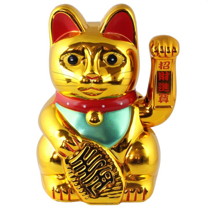 Lucky cat Maneki-neko vinkende kat 18 cm i guld for engroshandel hos Tribal Trade GmbH