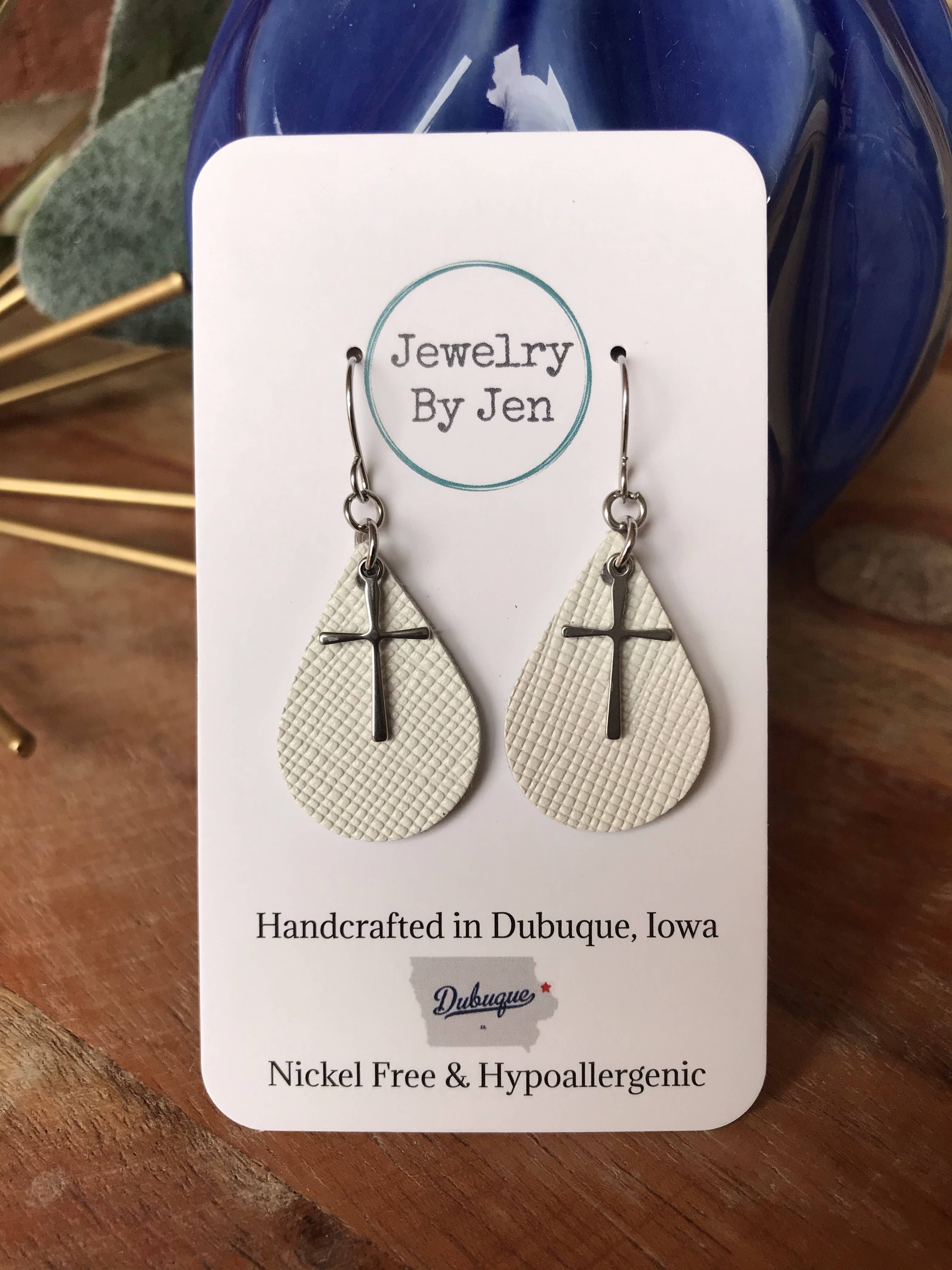 Jewelry By Jen - Wholesale Dangle Earrings - Small Teardrop Earrings: White w/Cross Charm