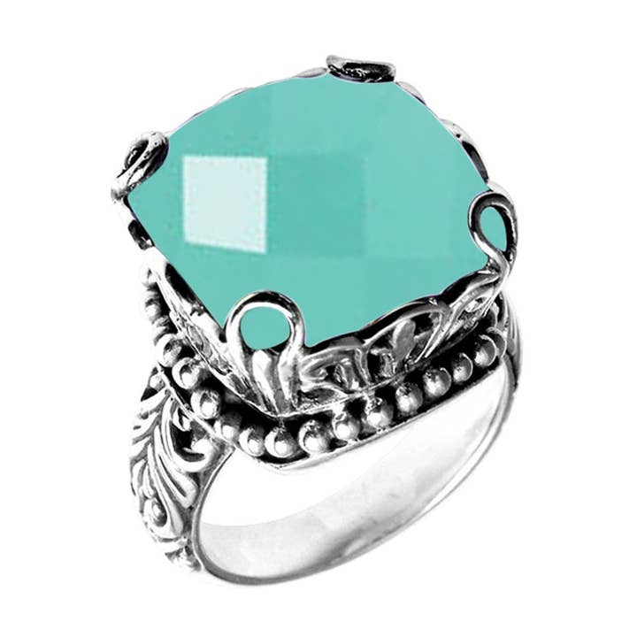 Anello a cuscino in quarzo calcedonio verde in argento sterling AR-6111-CH.G con design a filigrana – Fatto a mano a Bali per la vendita all'ingrosso da parte di Bali Designs