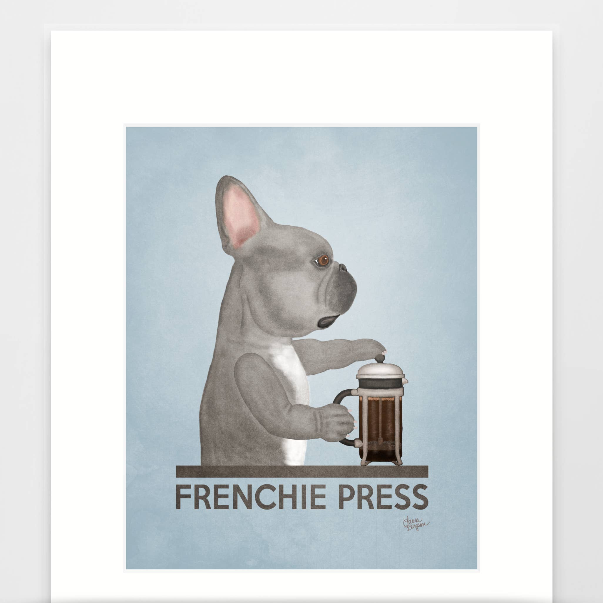 Laura Bergsma Studio – Engroshandel Kunsttryk – Fransk Bulldog Kunst Print, Frenchie Press, Blå m/BRN øje2