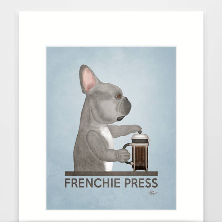 Laura Bergsma Studio – Engroshandel Kunsttryk – Fransk Bulldog Kunst Print, Frenchie Press, Blå m/BRN øje2
