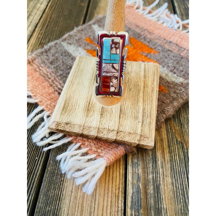 Nizhonitradersllc - Wholesale Cocktail/Statement Ring - Navajo Sterling Silver & Multi Stone Inlay Ring Size 7.75