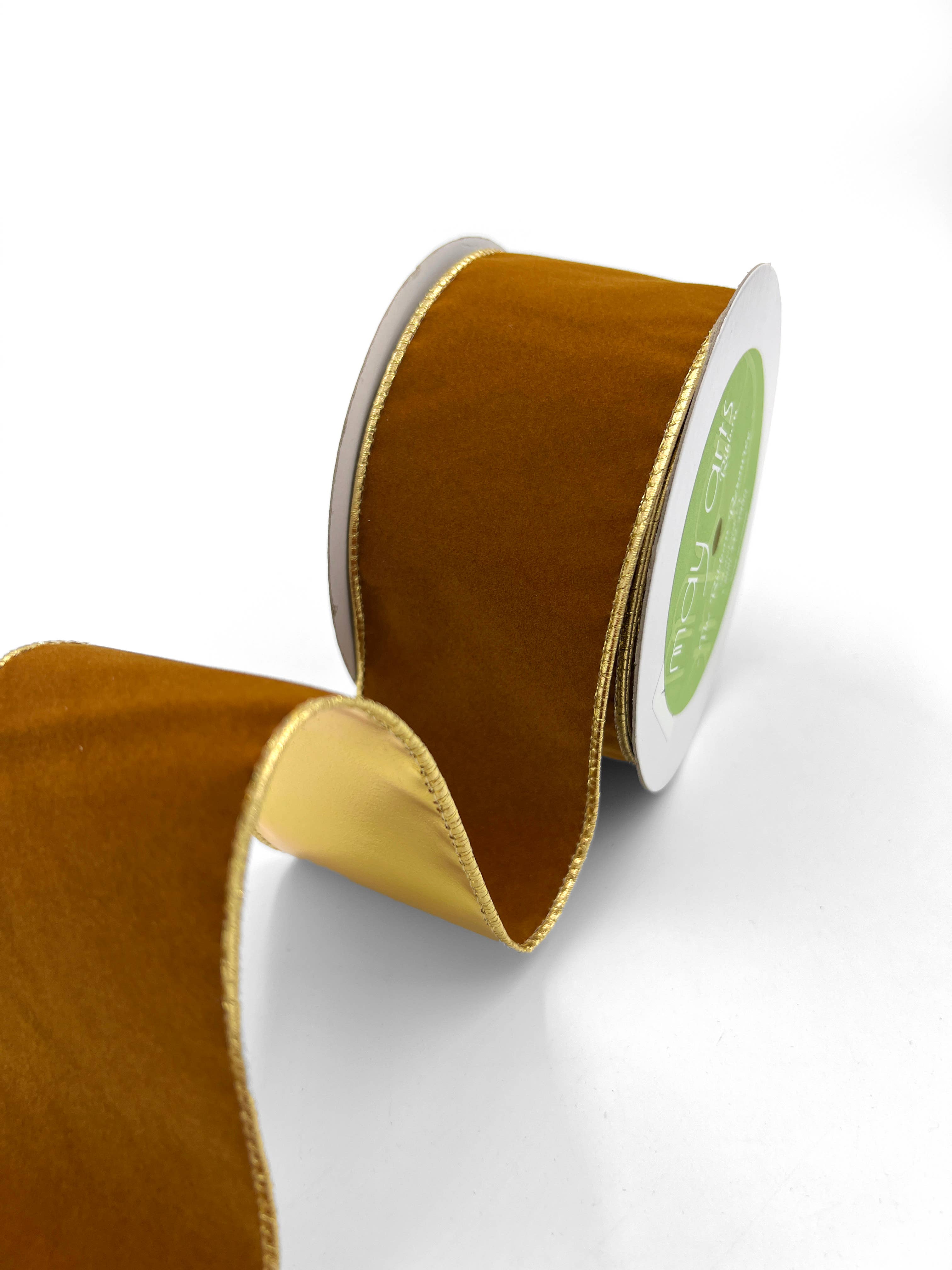 May Arts Ribbon - Wholesale Ribbon - Gift Wrapping - 2.5" Chestnut Velvet Reversible Gold Wired Ribbon