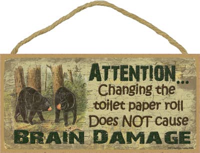SJT Enterprises, Inc. - Wholesale Sign - Black Bears - Changing the toilet paper roll 5" x 10" wood p0