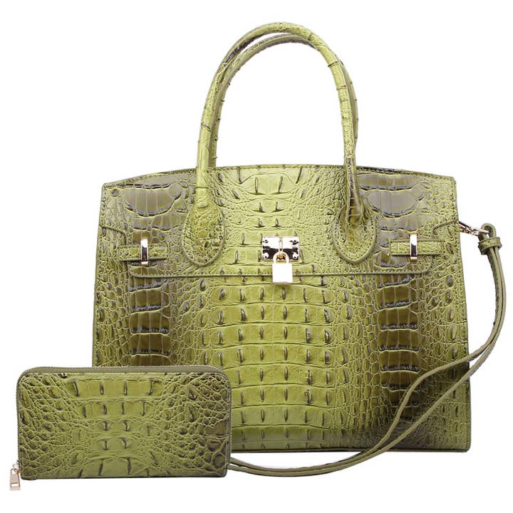 M&M HANDBAGS, LLC. - Wholesale Laptop Bag - Unisex - AC1096 WÂ Croc Alligator Padlock 2-in-1 Satchel