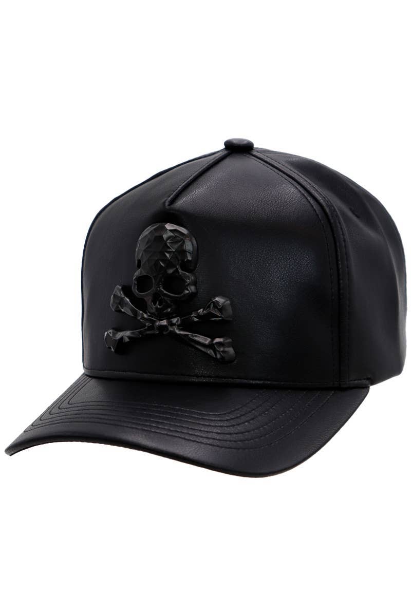 Cap Zone - Wholesale Baseball Cap - Unisex - Skull Crossbones Buttery Faux Leather Baseball Cap0