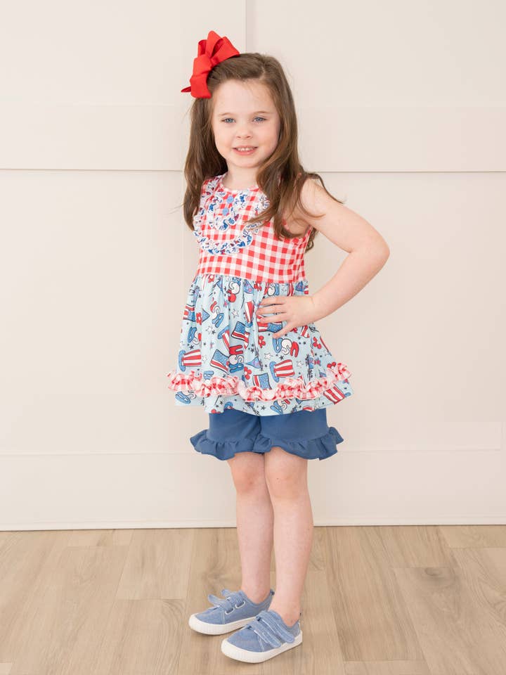 Marie Nicole Clothing - Wholesale Top & Short Set - Kids - Red Gingham Patriotic Treats Outfit