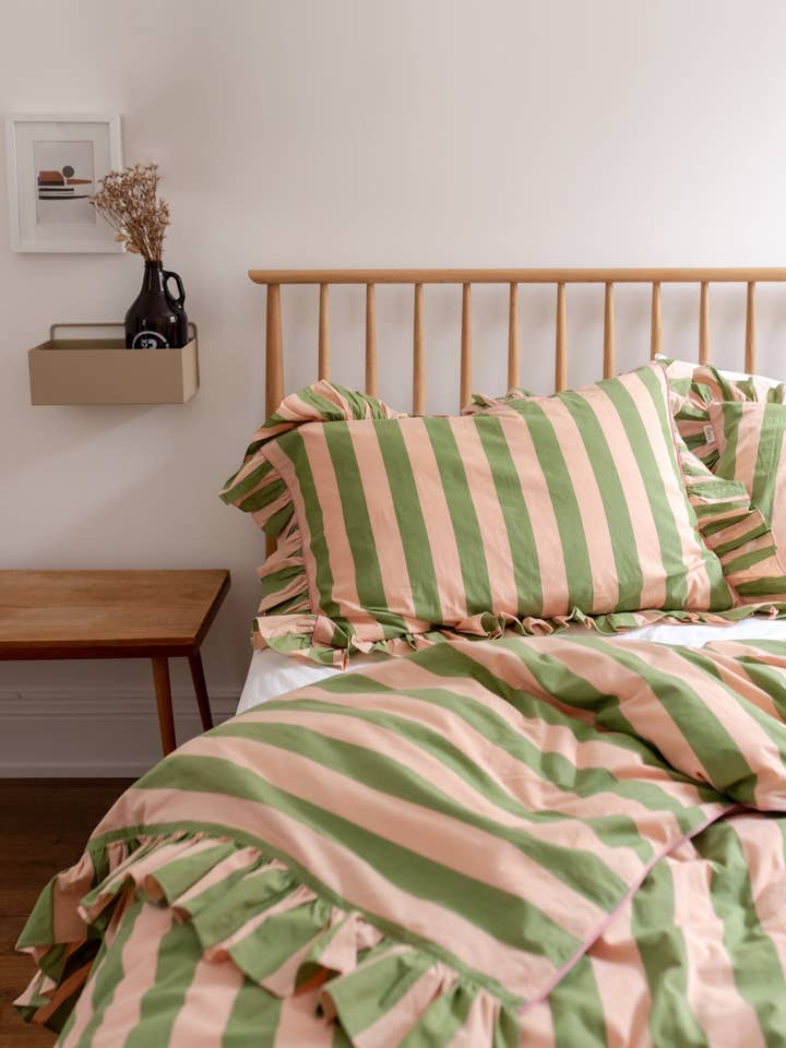 Cotton Duvet Cover & Pillowcases Set in Green Stripe for wholesale by TBCo