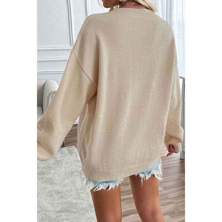 Olivetree Flourishing - Wholesale Knit Sweater - Women's - Knit Round Neck Flag Print Loose Fit Sweater 2T1959M