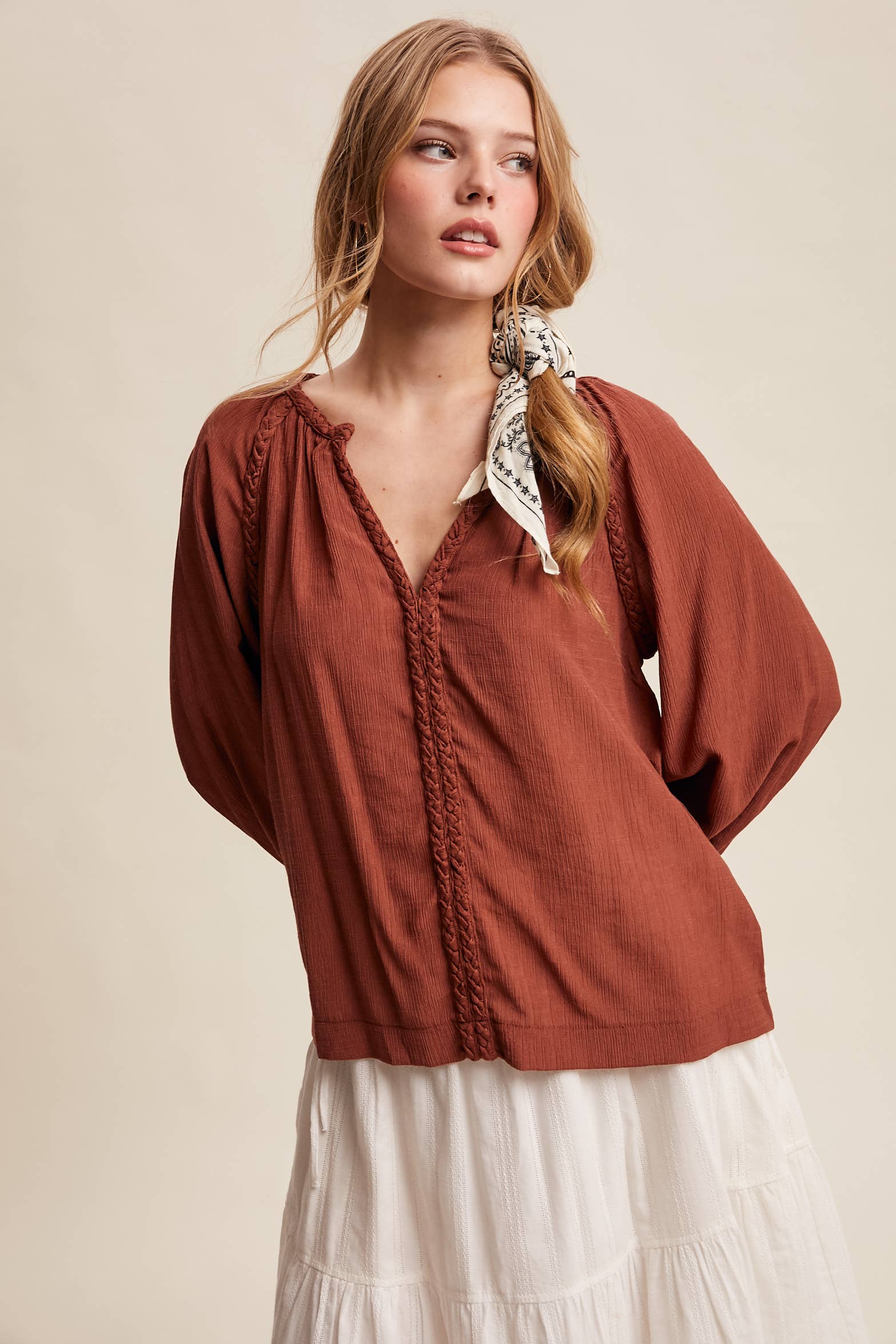 Listicle - Wholesale Blouse - Women's - Braided Trim Peasant Blouse LT144717