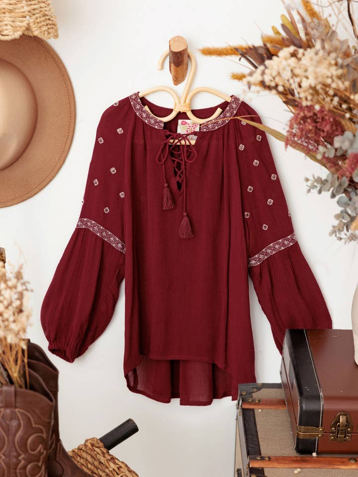 Girls Ethnic Boho Embroidered Front Tie Top for wholesale by Tasha Apparel Wholesale