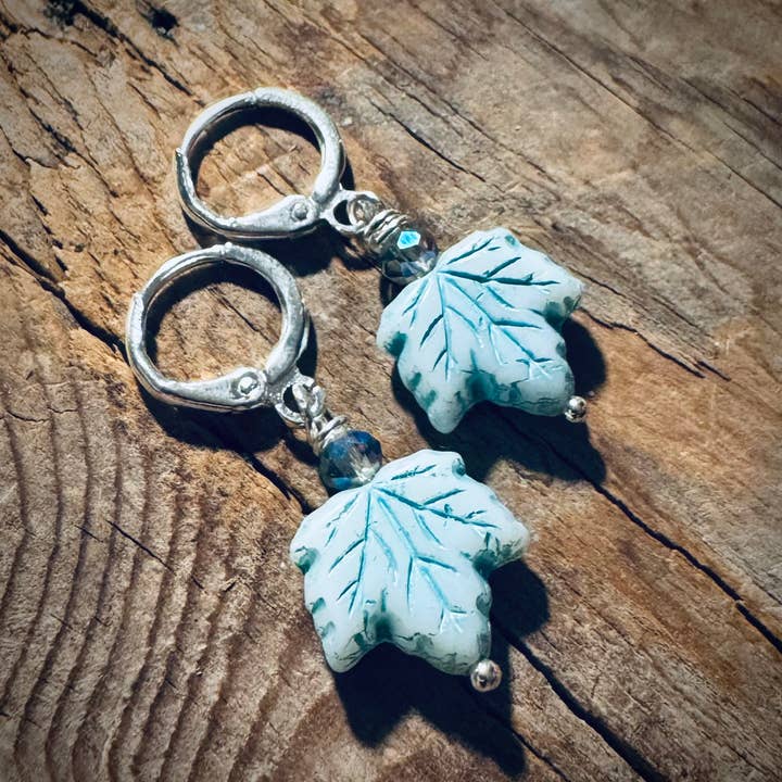 Aqua Blue Glass Maple Leaf Earrings With Crystal for wholesale by Fuchsia Bloom Studio