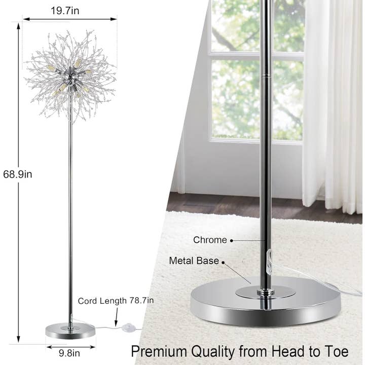 Silver Crystal Floor Lamp for Bedroom, Floor Lamp for Living Room, Elegant Standing Lamp, 69" Tall Pole Lamp, Modern Floor Lamp for Room Decor, 32 Firework Crystal Harnesses Included, Chrome Finish for wholesale on Faire