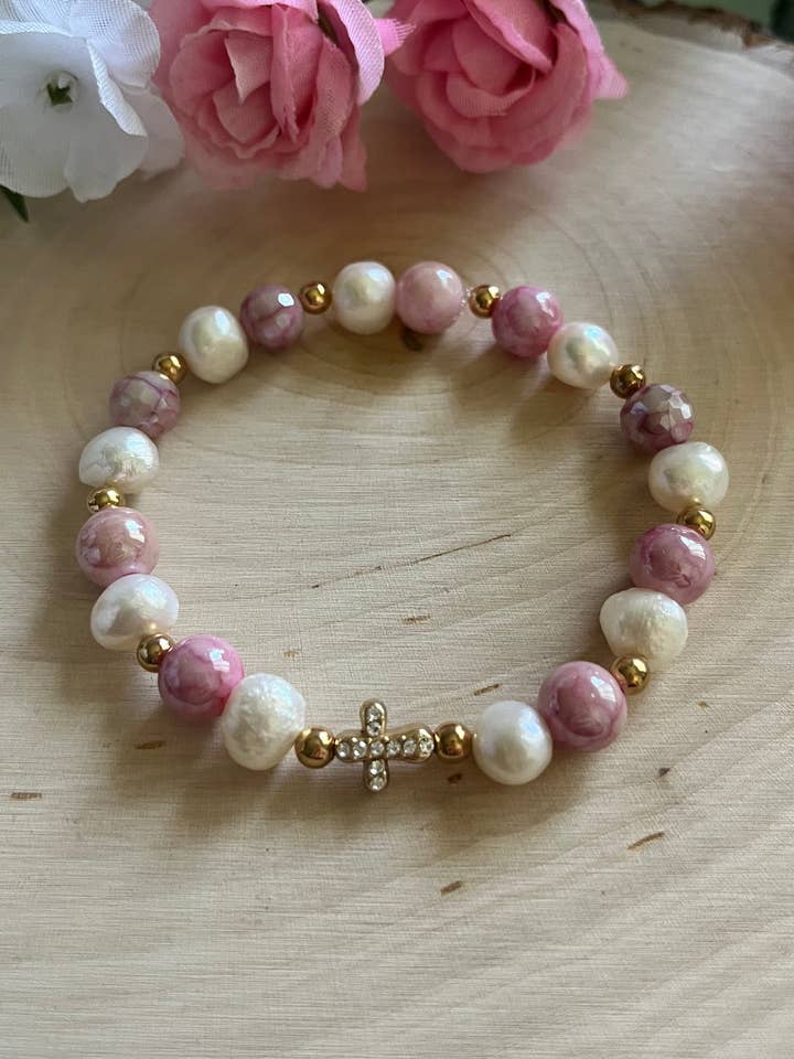 Pink Pearl Cross Bracelet – Gold Christian Jewelry Gift for wholesale by Saved By Christ Design