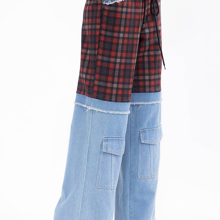 HDP32788- Karierte und aus Baumwoll-Denim kontrastierte weite Hose für den Großhandel von IWT Brands