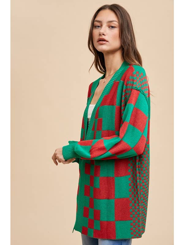 CHRISTMAS MULTI Checkerboard Loose Fit Medium Weight Cardigan for wholesale on Faire
