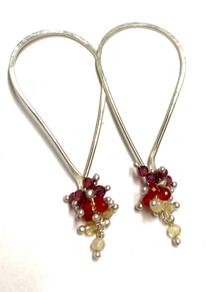 XS Fire Tear Hoop Earrings in Citrine, Carnelian and Garnet for wholesale by YedOmi Jewelry