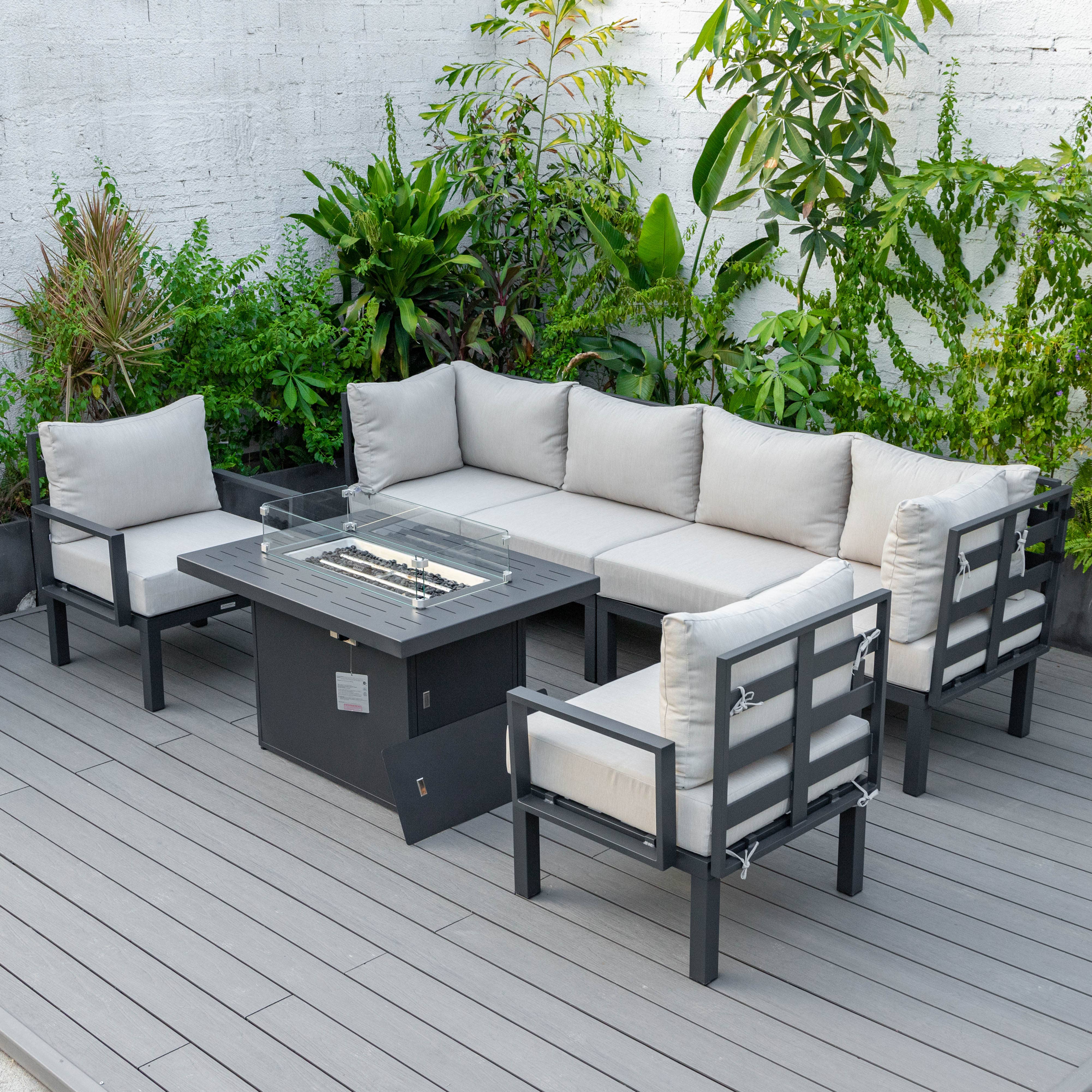 LeisureMod - Wholesale Patio Set - Chelsea 7-Piece Patio Sectional Set with Fire Pit Table1