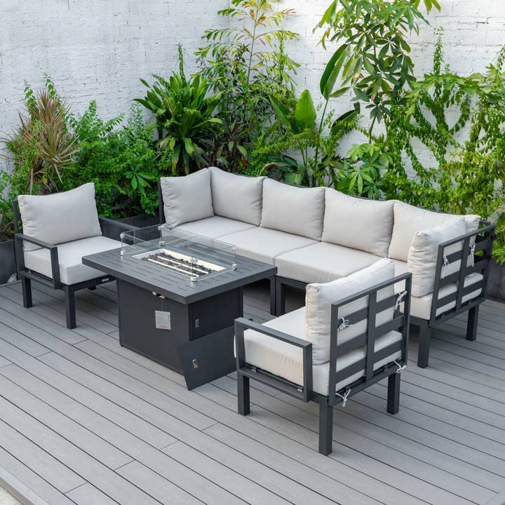 LeisureMod - Wholesale Patio Set - Chelsea 7-Piece Patio Sectional Set with Fire Pit Table1