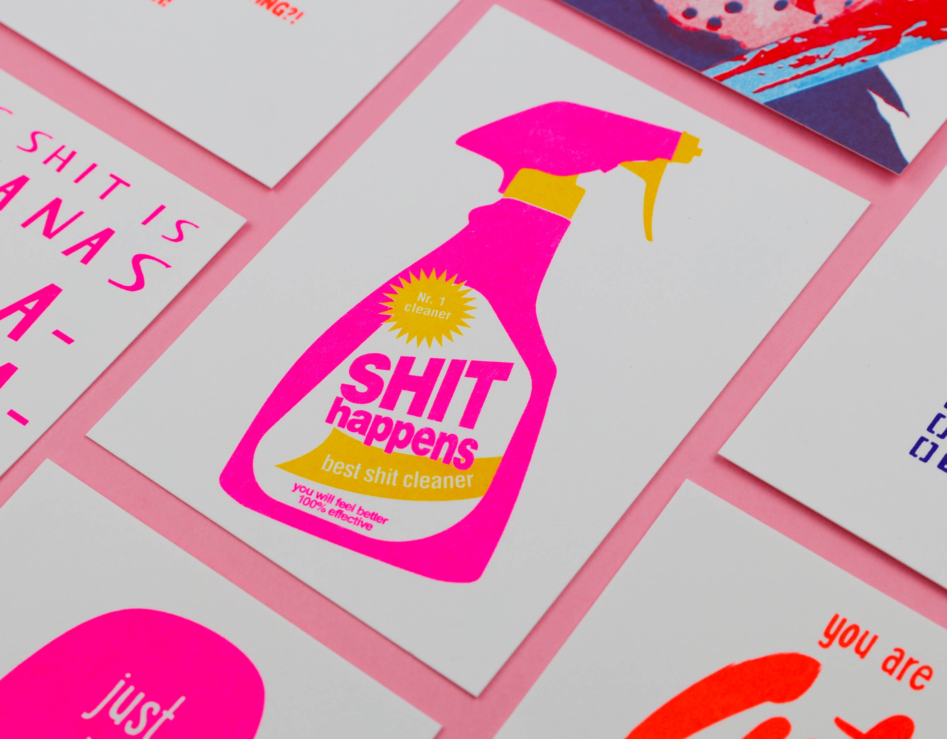 Studio Inktvis - Wholesale Encouragement Card - Shit Happens Cleaning spray bottle Risograph Postcard2