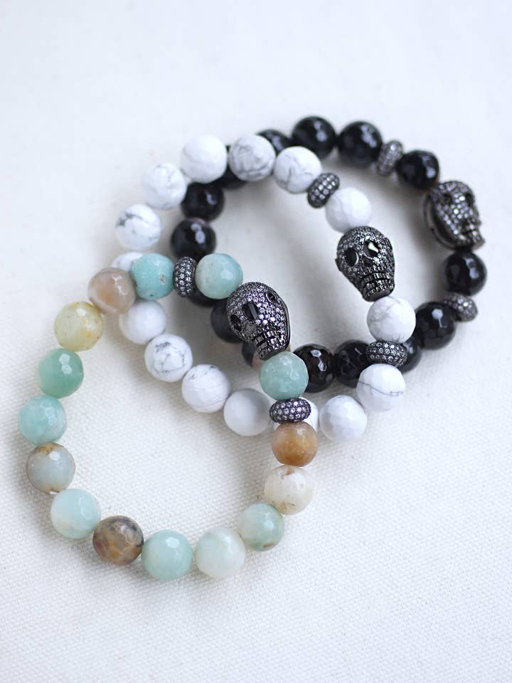 Stretchable 10mm Beaded Bracelet w/Brass Pave Skull for wholesale by FELIX Z DESIGNS