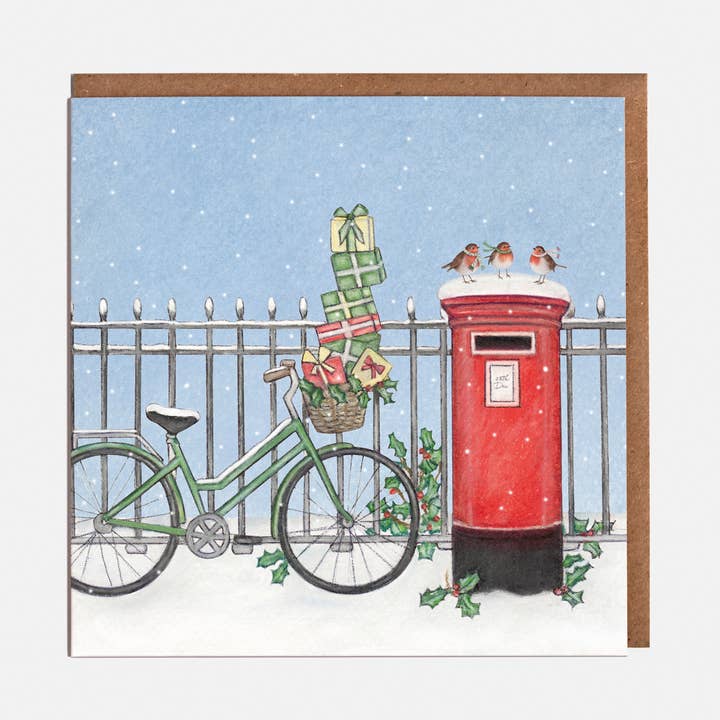 Postbox, Bicycle & Robins Christmas Card - Blank for wholesale by Lottie Murphy