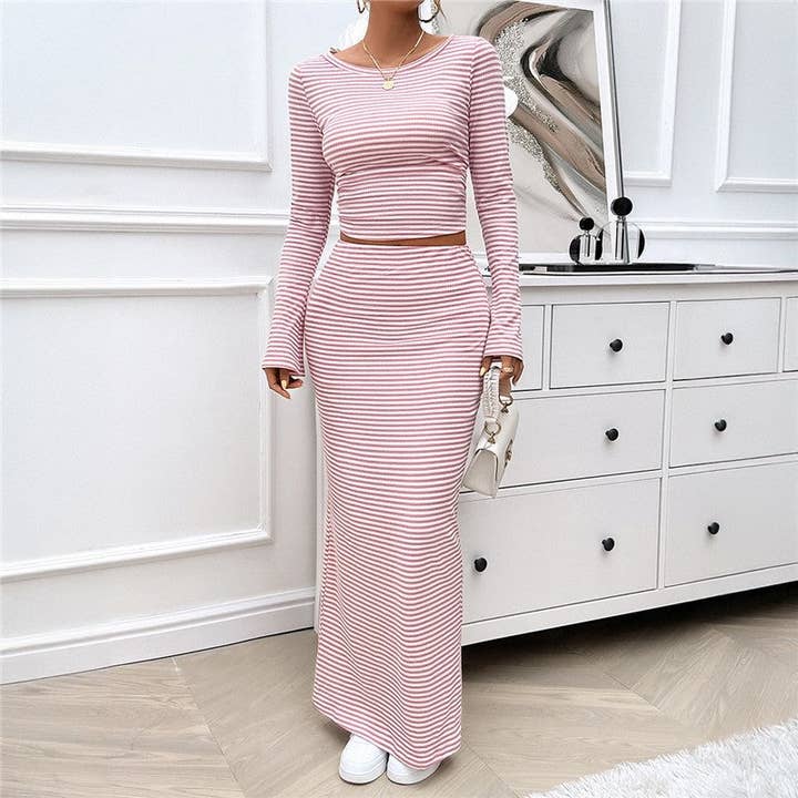 Ensemble de robe longue rayée à blocs de couleurs à manches longues pour la vente par FurDecoration