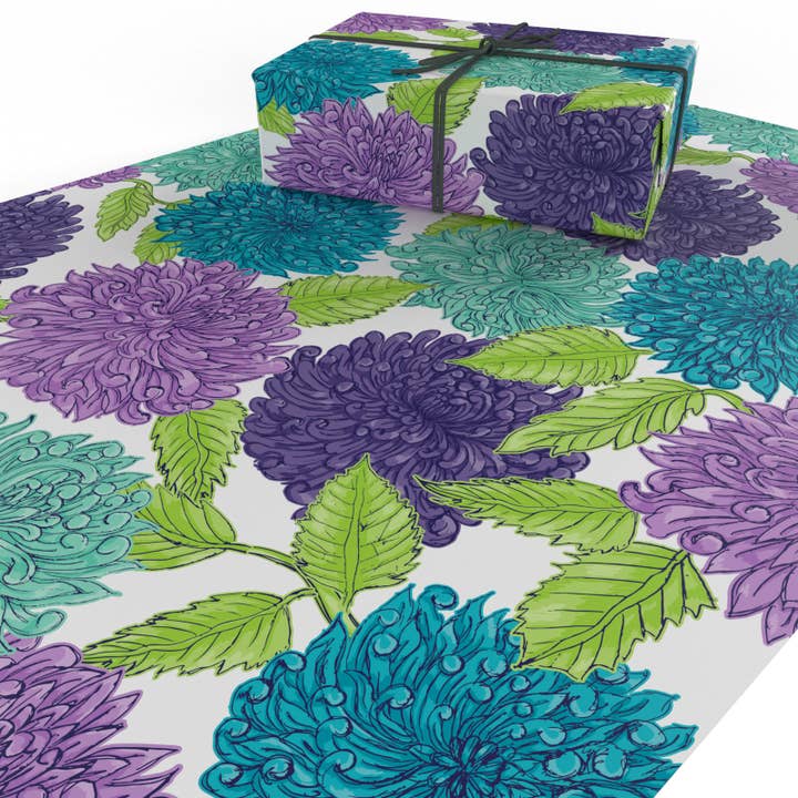 Re-wrapped - Wholesale Flat Wrap - Blue Dahlias Wrapping Paper • ECO Friendly • UK Made3