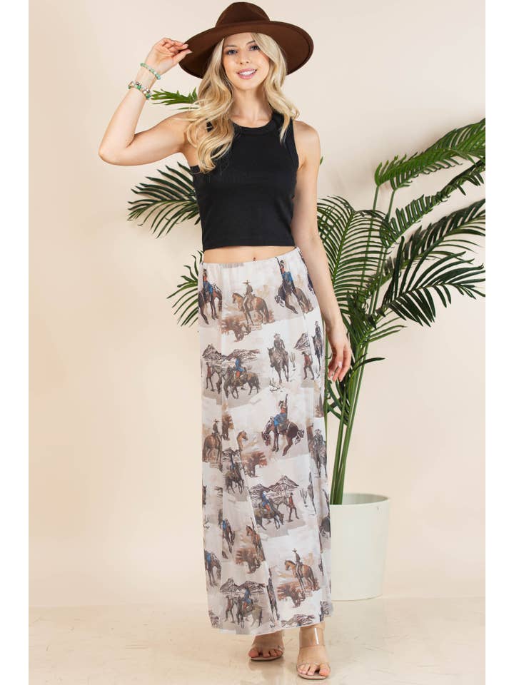 Mocha Multi AS1300-TANIA COWBOY PRINT LINED FULL MESH SKIRT for wholesale on Faire1